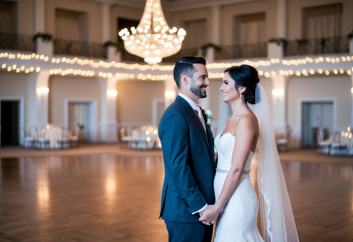 A newlywed couple standing in an empty ballroom, surrounded by twinkling lights and elegant decor, gazing at each other with content smiles