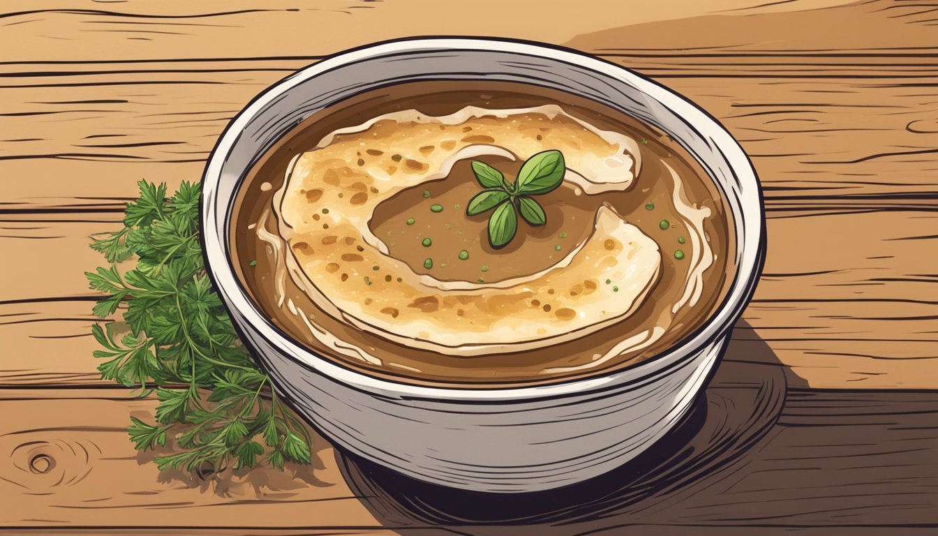 A steaming bowl of French onion soup sits on a rustic wooden table, surrounded by a sprinkle of fresh herbs and a side of crusty bread