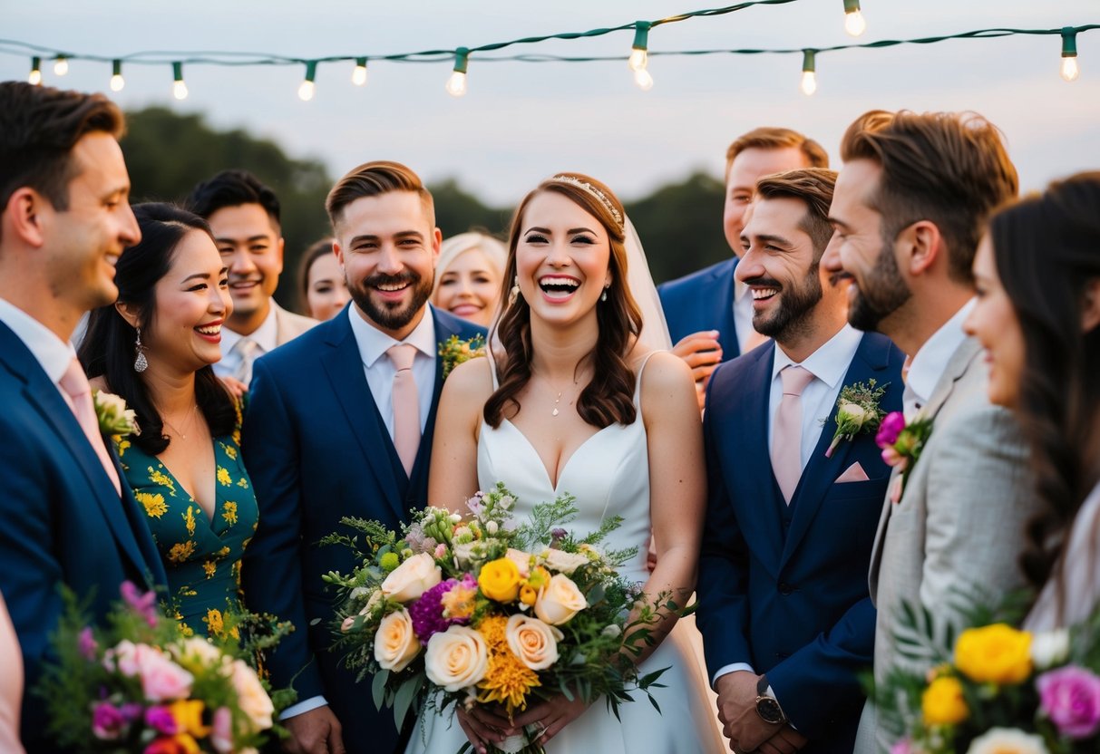 A bride and groom stand in a circle of loved ones, smiling and laughing together, surrounded by twinkling lights and colorful flowers