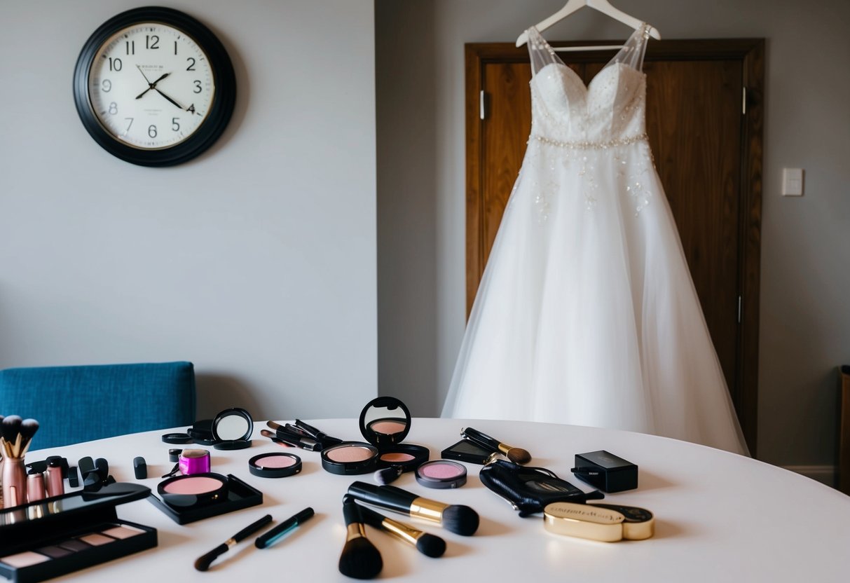 A table with scattered makeup, hair accessories, and a wedding dress hanging on a hanger. A clock on the wall shows the time
