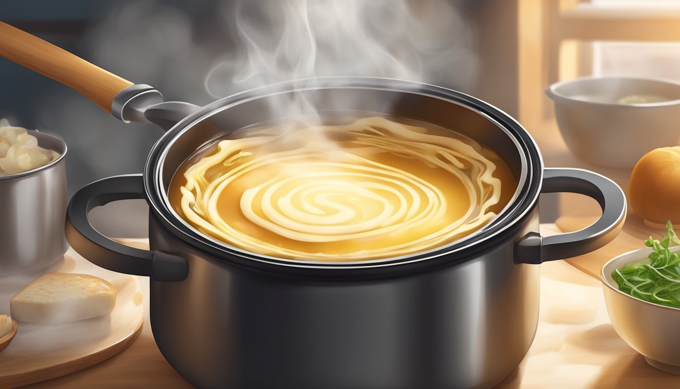 A pot of French onion soup being gently reheated on a stovetop, with steam rising and the aroma of onions and melted cheese wafting through the kitchen