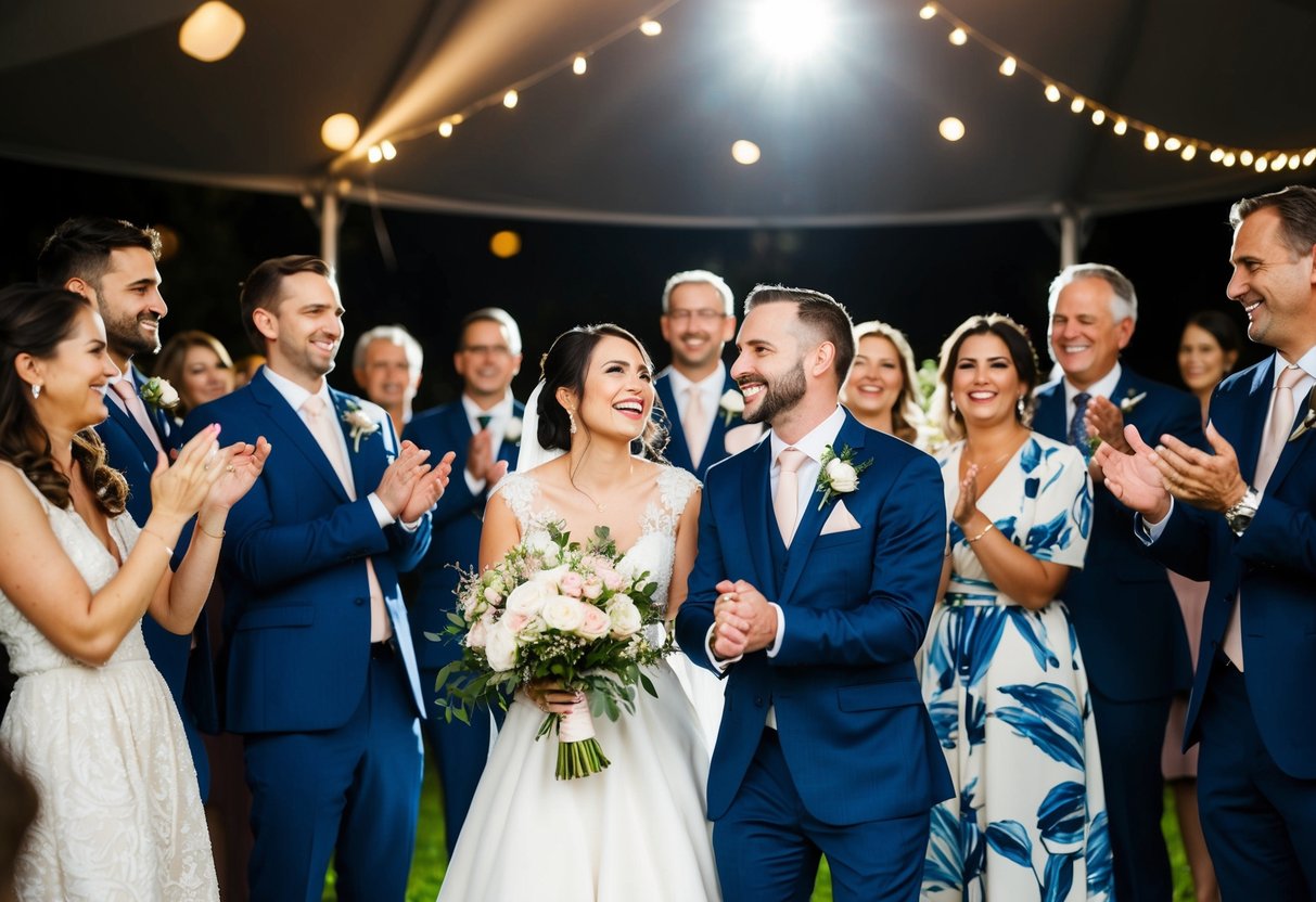 A joyful celebration with music and flowers, a spotlight on the bride and groom, surrounded by friends and family clapping and smiling