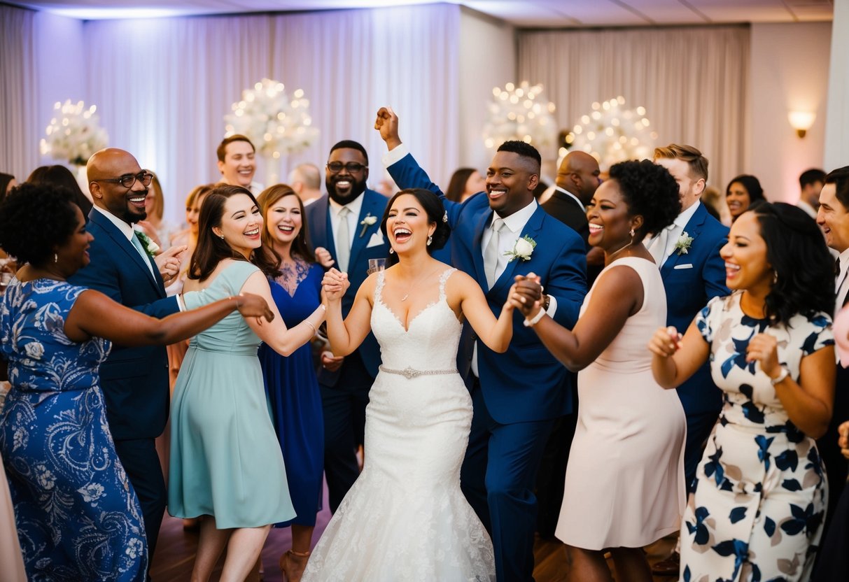 A diverse group of wedding guests joyfully mingle and celebrate without a traditional first dance. The atmosphere is filled with love, laughter, and inclusivity