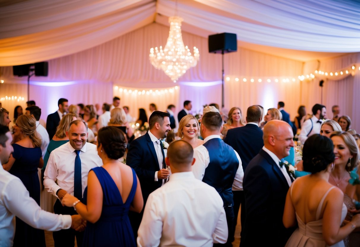 A wedding reception with guests mingling, enjoying live music, and various entertainment options, with no formal first dance taking place