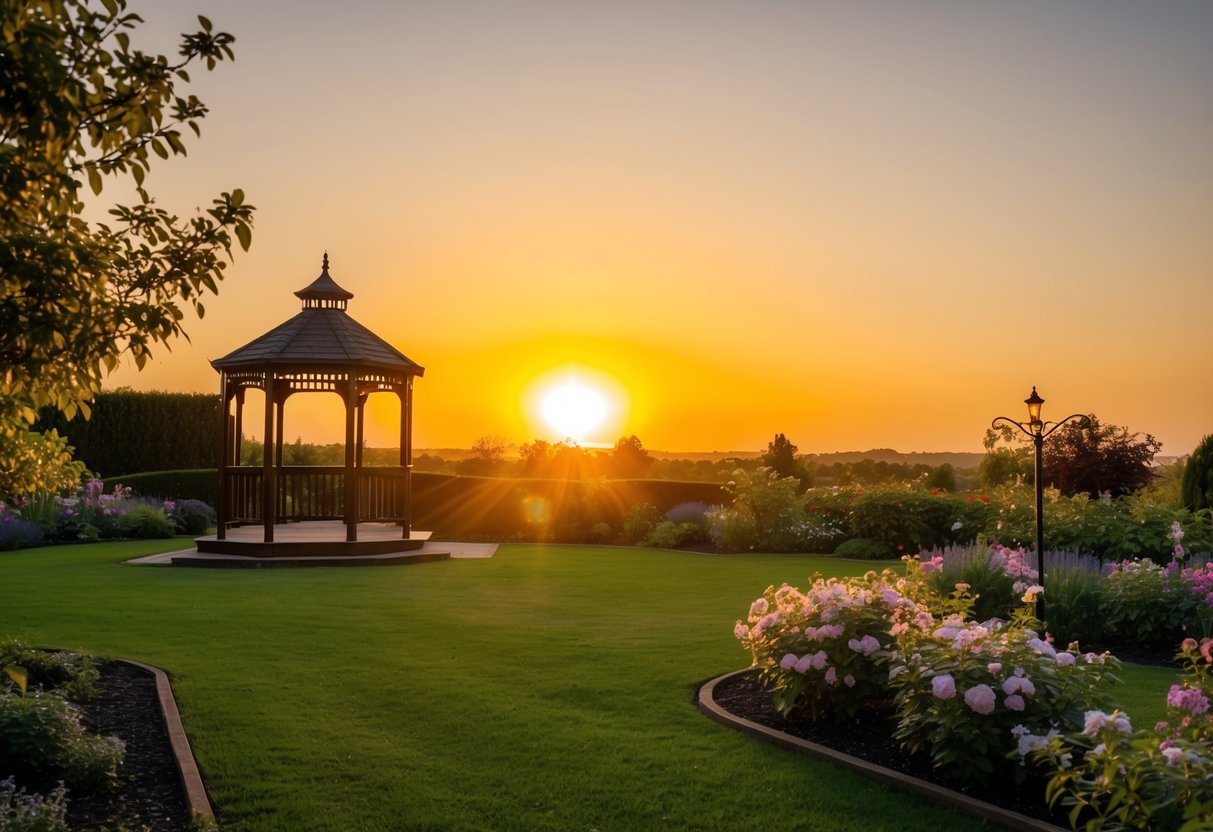 A golden sun setting behind a serene garden with blooming flowers and a peaceful gazebo, casting a warm glow over the scene