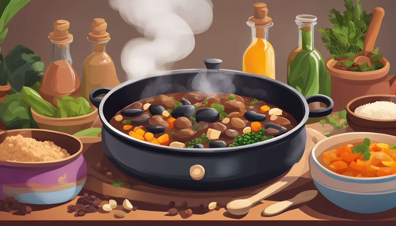 A steaming pot of feijoada sits on a stovetop, surrounded by colorful ingredients and spices. A wooden spoon stirs the rich, savory stew