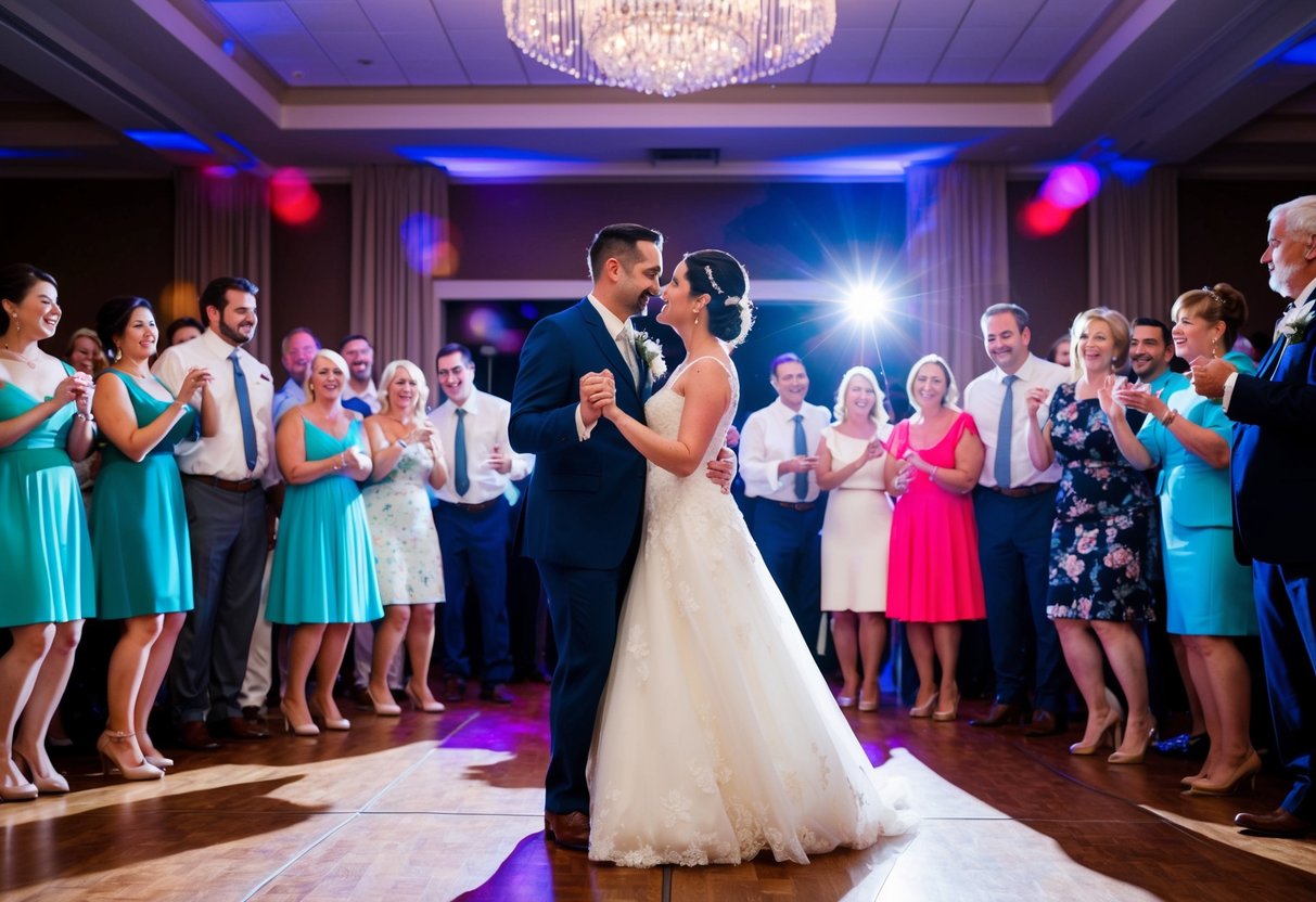 The newlyweds stand in a spotlight on the dance floor, surrounded by adoring guests, as they share their first dance as a married couple