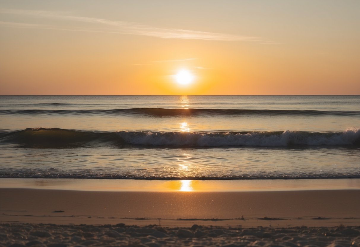 A golden sun setting over a tranquil beach, casting warm hues on the sand and gentle waves, creating a romantic ambiance for a wedding ceremony