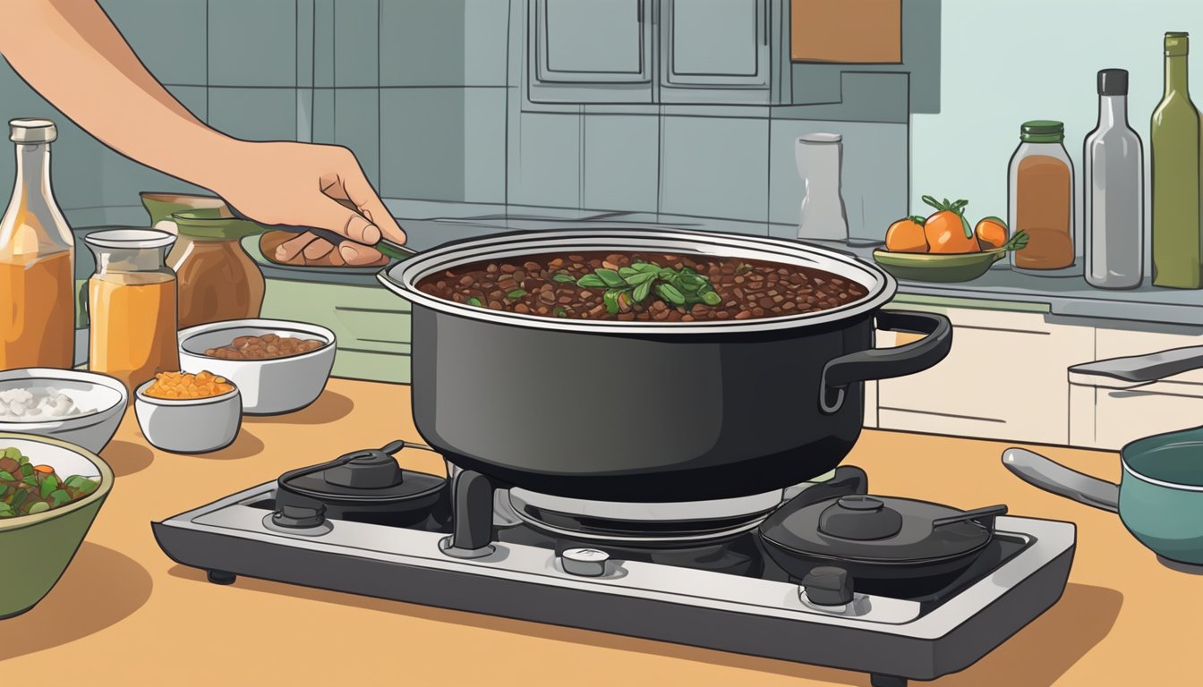 A pot of feijoada being placed on a stovetop, a hand adjusting the heat dial. Ingredients for a side dish laid out on a nearby counter