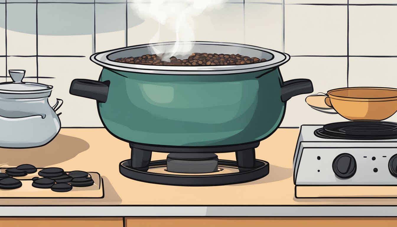 A steaming bowl of feijoada sits on a stovetop, with a pot of simmering water nearby for gentle reheating