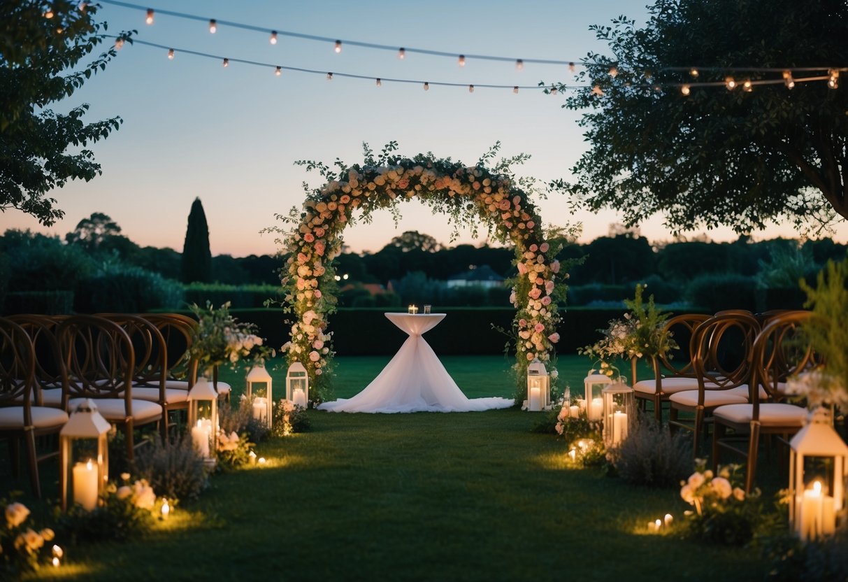 A serene garden at dusk with twinkling lights, a floral arch, and a romantic setting for a wedding ceremony
