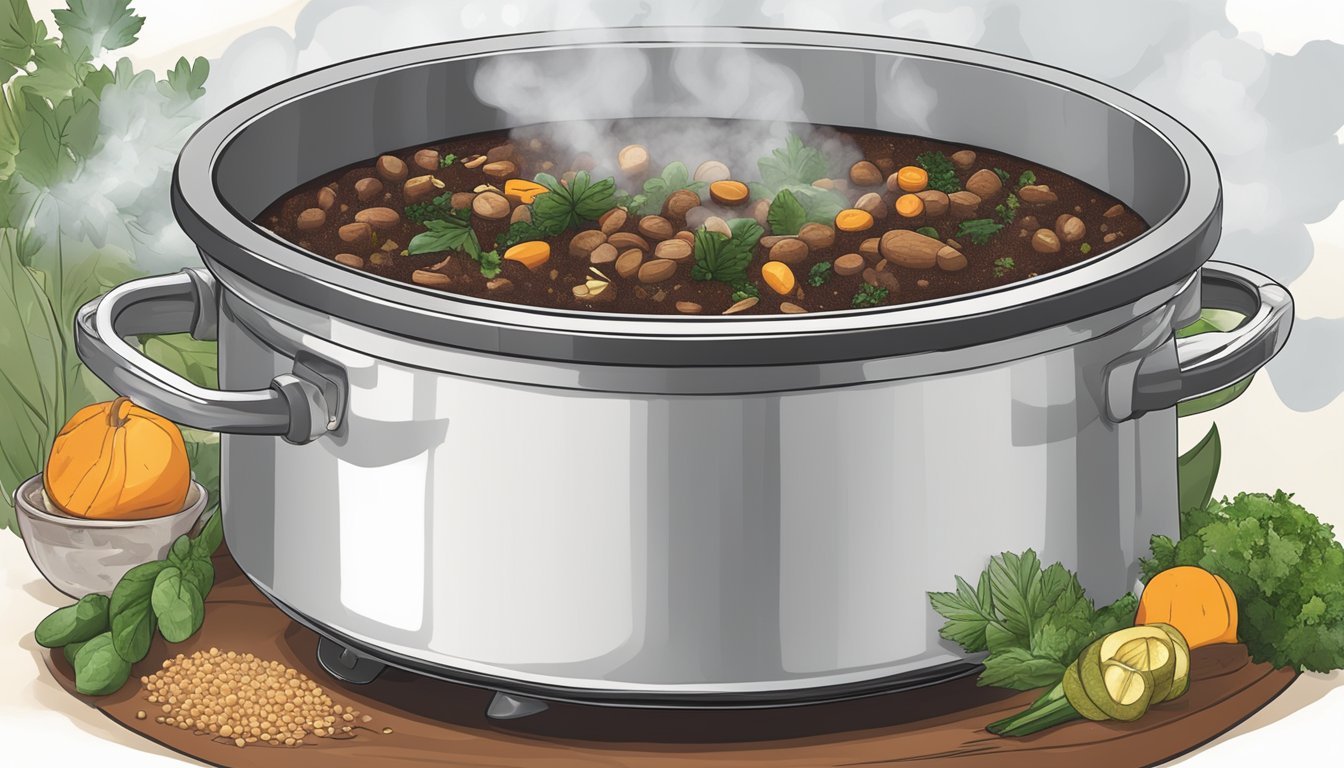 A steaming pot of feijoada being gently reheated with aromatic spices and herbs added for enhanced flavor