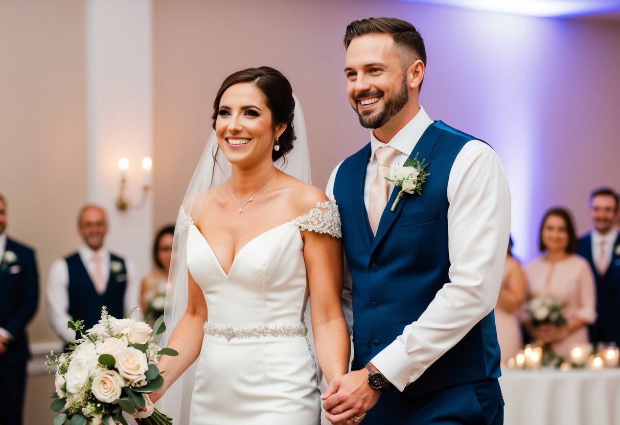 The bride and groom are introduced first at the wedding reception, standing side by side with beaming smiles