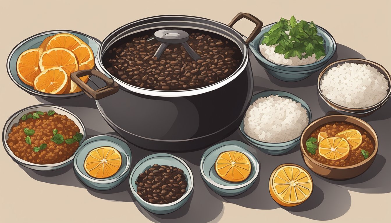 A steaming pot of feijoada surrounded by bowls of rice, farofa, and orange slices on a table