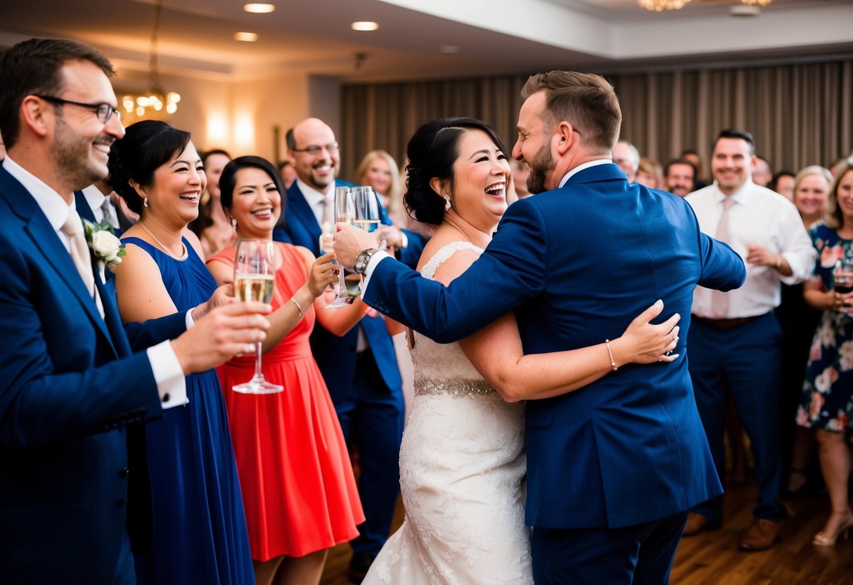 Guests clink glasses, laughter fills the room, and the newlyweds share their first dance as the crowd watches with smiles