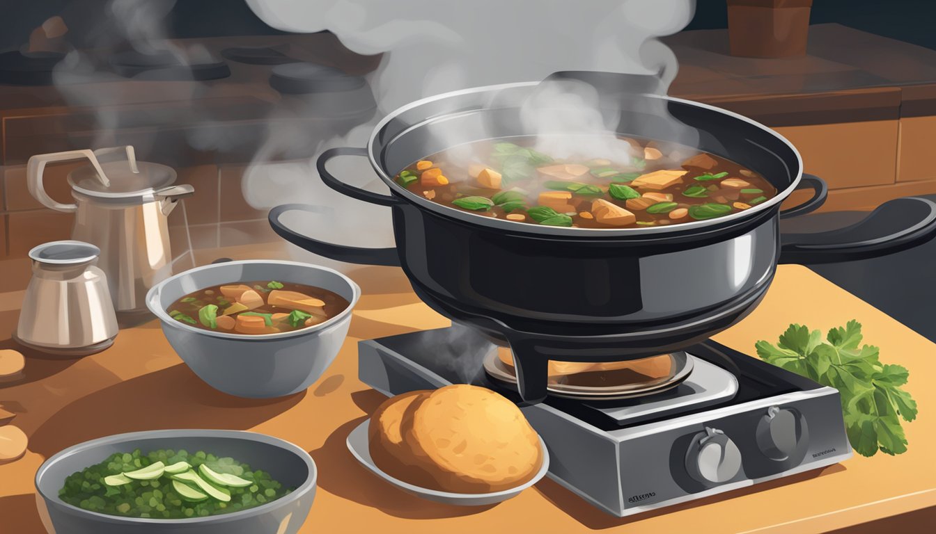 A steaming pot of feijoada sits on a stovetop, with a ladle resting on the side. Steam rises from the rich, hearty stew as it simmers, filling the kitchen with its savory aroma