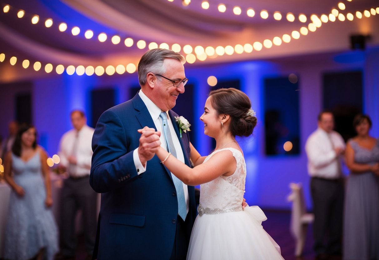 A father and daughter dancing under twinkling lights at a wedding reception