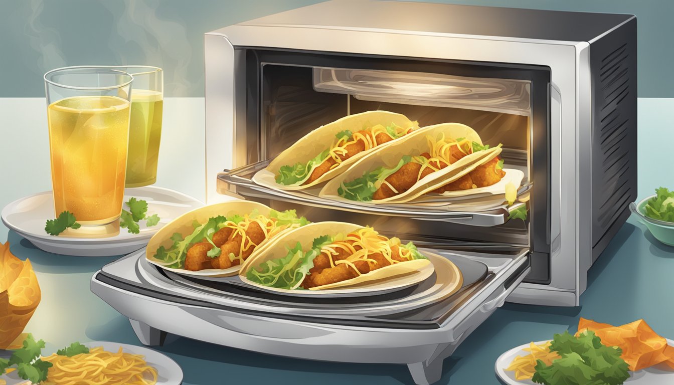 A plate of fish tacos being heated in a microwave