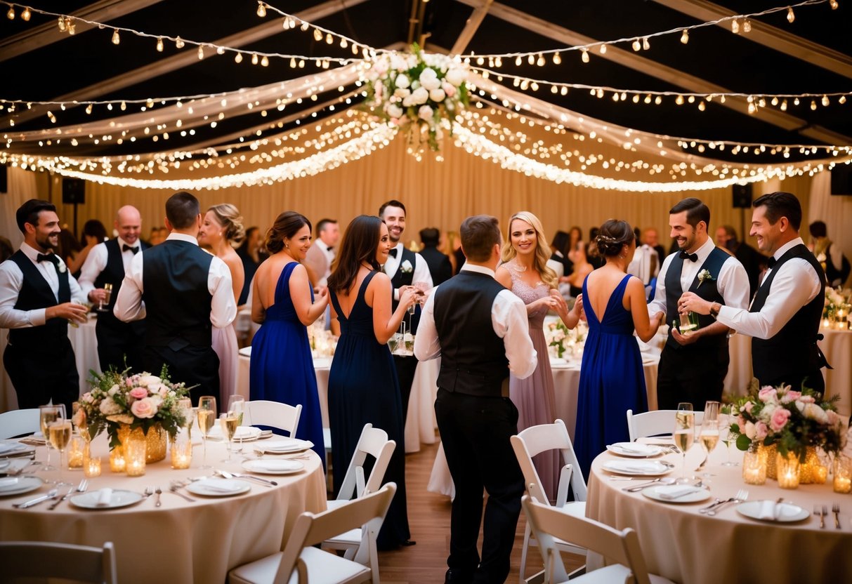 Guests dancing under twinkling lights, while waitstaff serve champagne and hors d'oeuvres. Tables are adorned with floral centerpieces and flickering candles