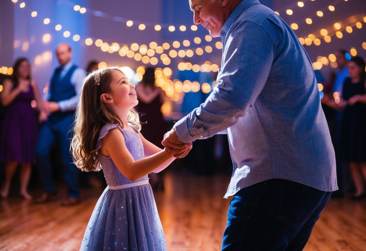 A father and daughter stand on a dimly lit dance floor, surrounded by twinkling lights. The daughter smiles up at her father as they sway to the music, creating a tender and heartwarming moment