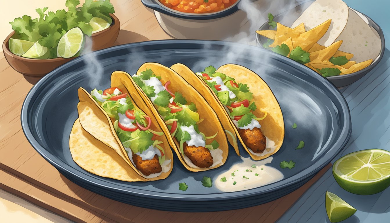 A plate of fish tacos being reheated in a skillet, with steam rising and the tortillas crisping up