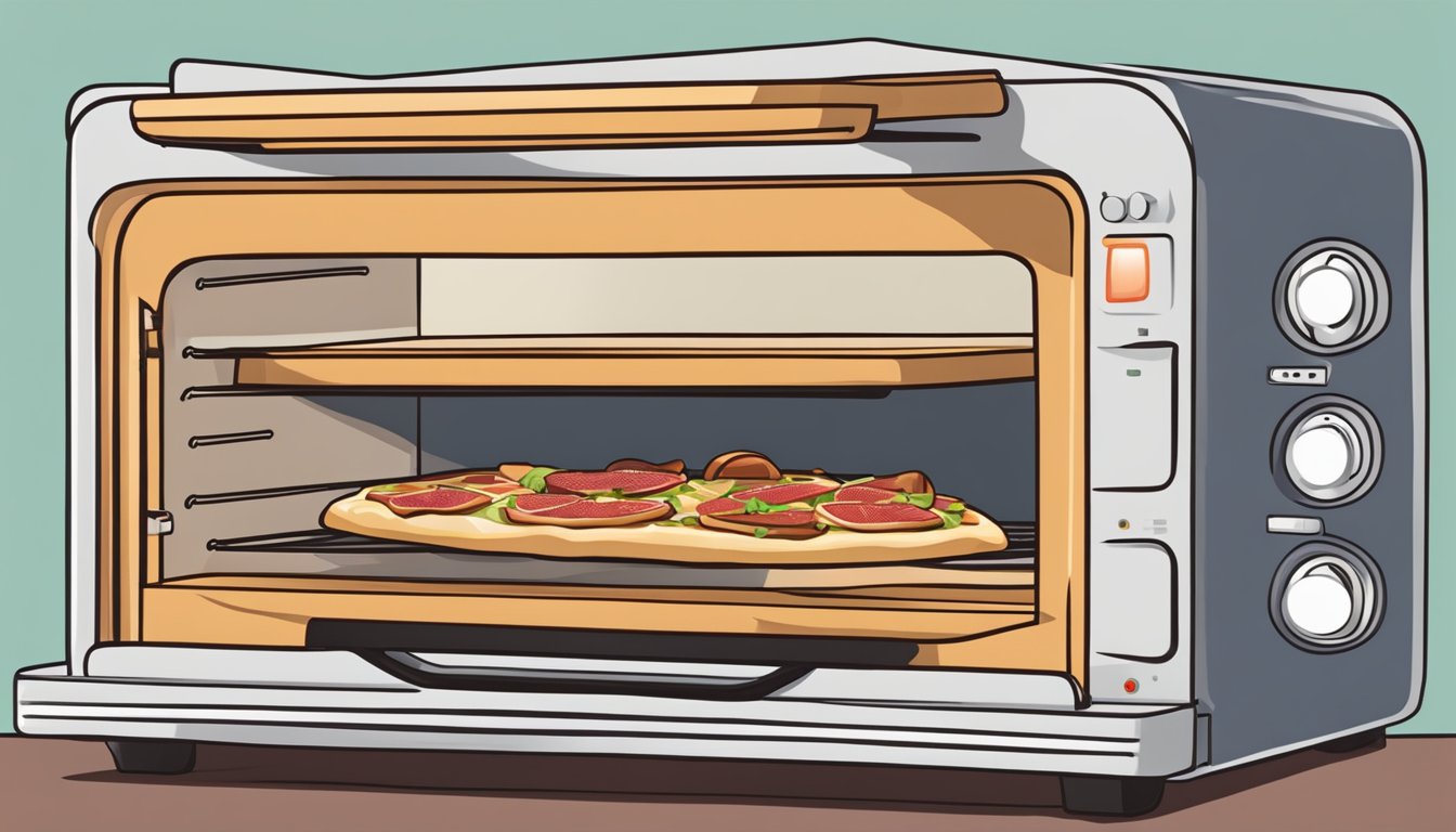 A slice of fig and prosciutto pizza being reheated in a toaster oven