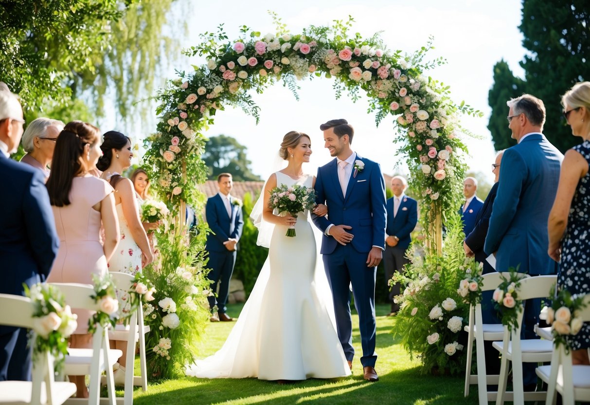 A bride and groom standing under a floral arch in a sunlit garden, surrounded by guests and a small, intimate wedding ceremony