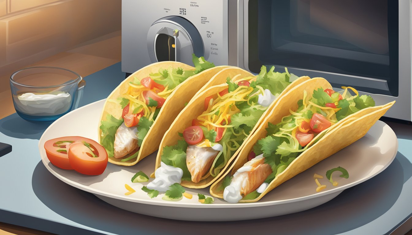 A plate of fish tacos being reheated in a microwave