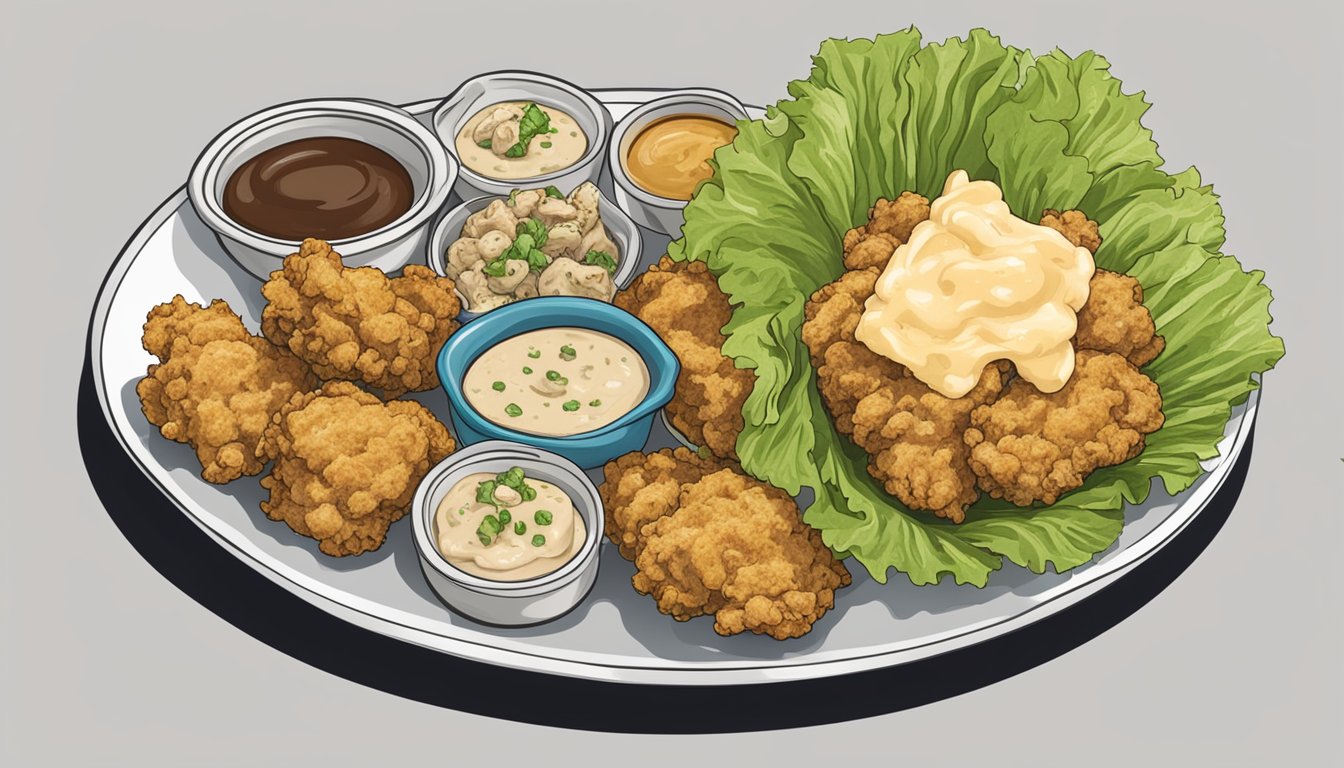 A plate of fried oysters on a bed of lettuce, next to a sliced po boy bun, with a small dish of remoulade sauce on the side