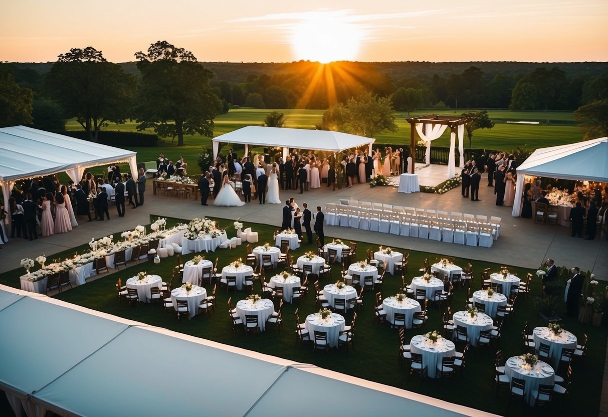 A bustling wedding venue with guests arriving, tables being set, and a ceremony space being prepared. The sun is beginning to set, casting a warm glow over the scene