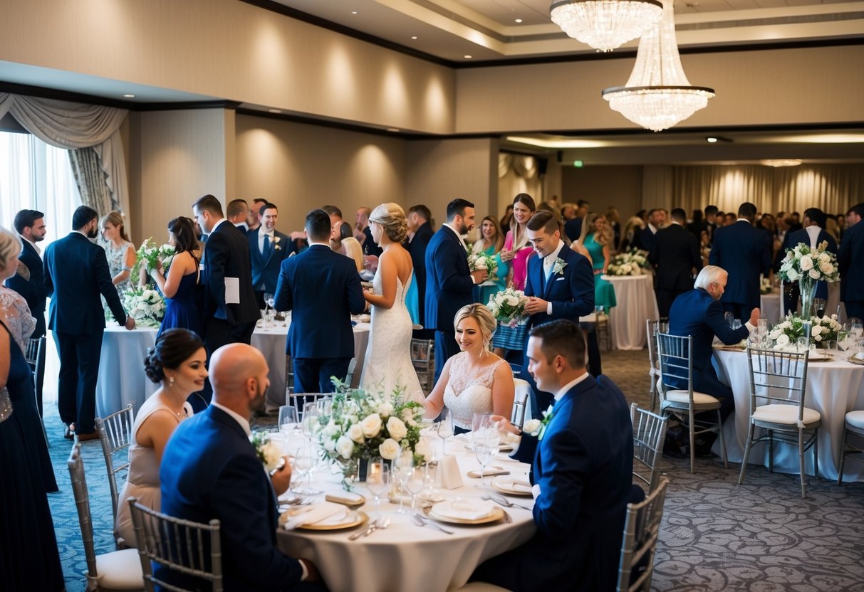 A bustling wedding venue with guests arriving, tables being set, and decorations being arranged in a time crunch
