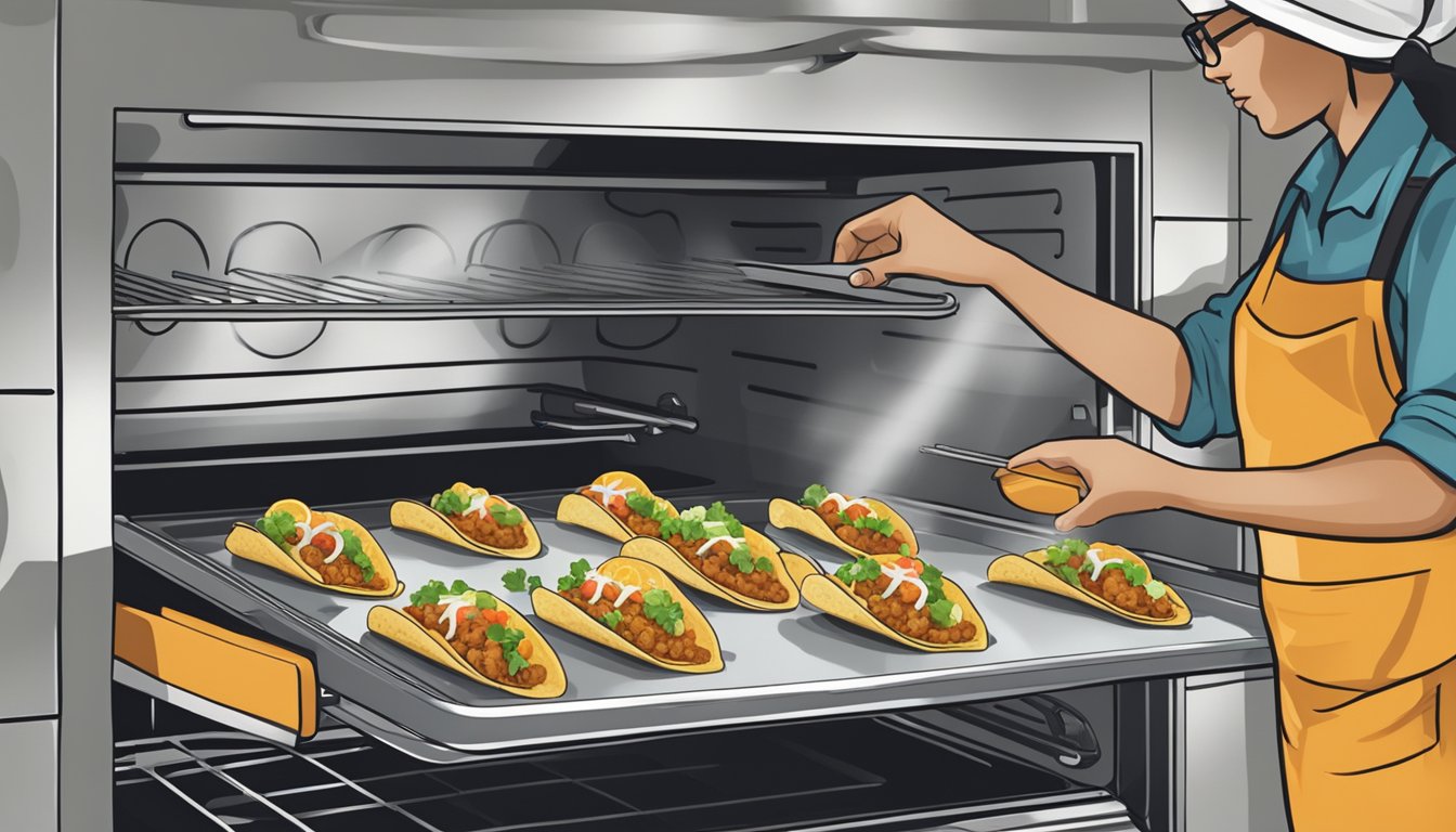 A person placing fish tacos on a baking sheet in the oven