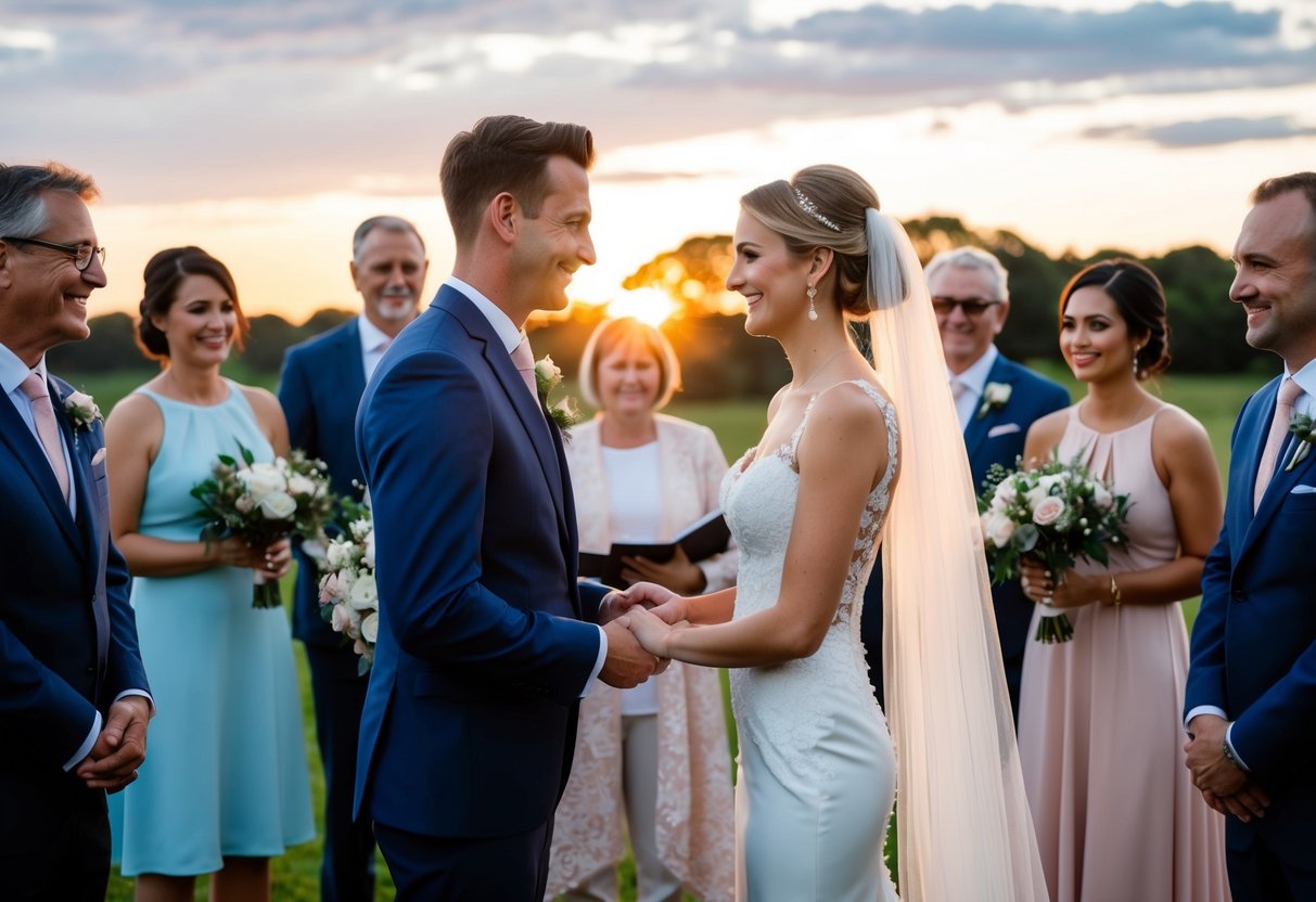 A bride and groom surrounded by family and friends, exchanging vows in a beautiful outdoor setting with a stunning sunset in the background