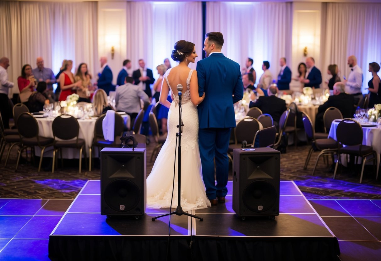 A couple stands in the center of a crowded room, surrounded by tables and chairs. A microphone and speaker are set up in front of them, while a dance floor sits nearby