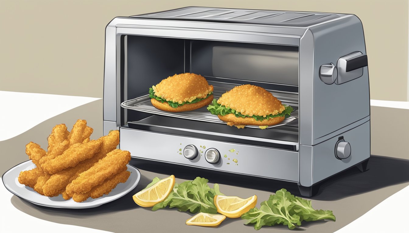 A plate with a golden, crispy fried oyster po' boy sandwich being heated in a toaster oven