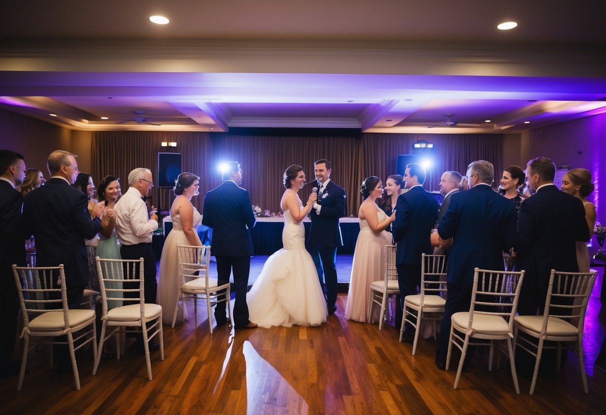 Guests gather in a dimly lit reception hall, chairs arranged around a dance floor. A microphone stands at the center, while a spotlight illuminates a stage for speeches or a first dance