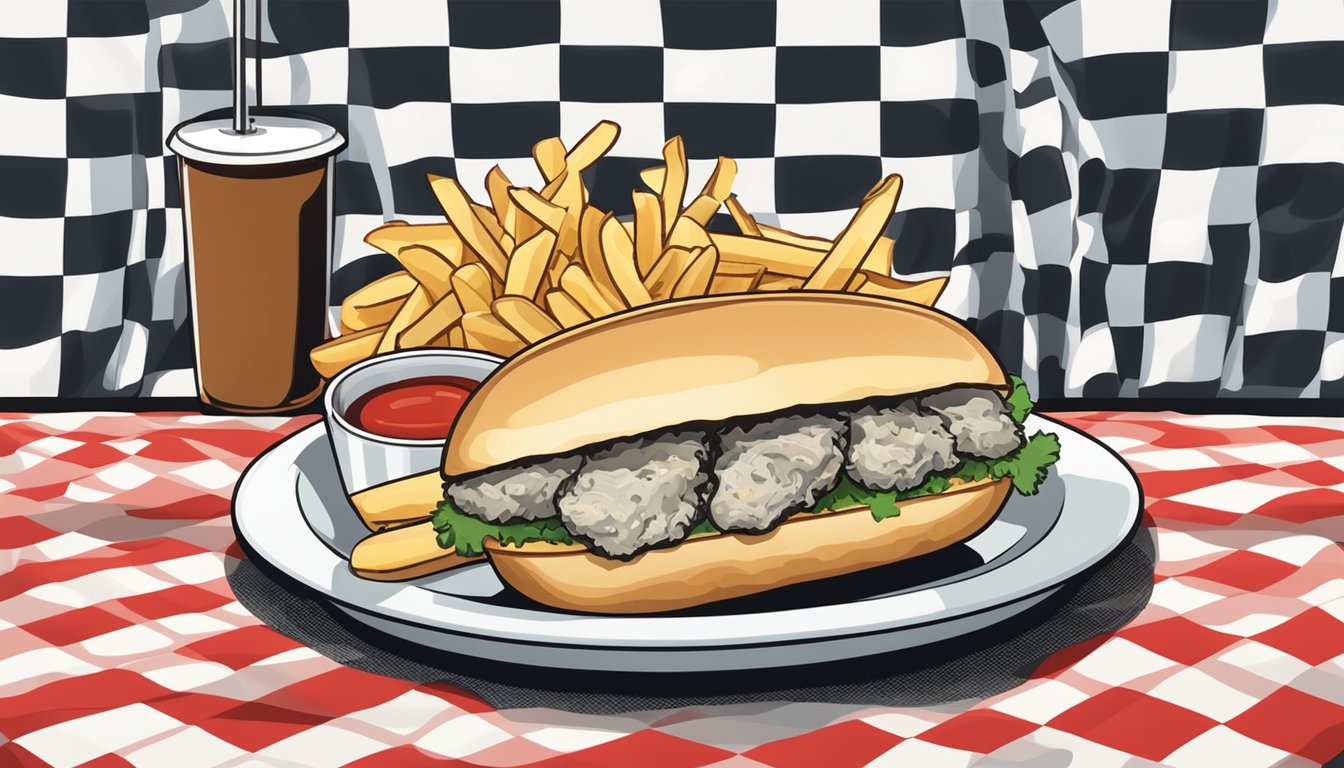 A plate with a reheated fried oyster po' boy sandwich and a side of crispy french fries on a checkered tablecloth