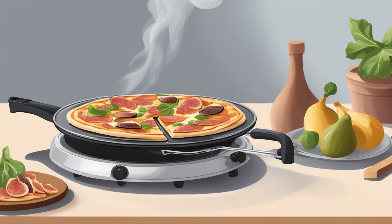 A stovetop with a pan heating a slice of fig and prosciutto pizza