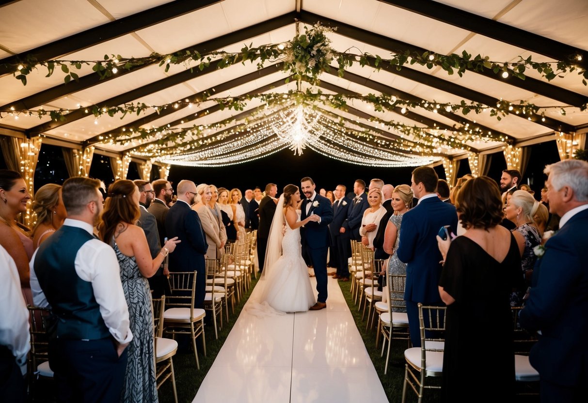 Guests gather under twinkling lights, awaiting the newlyweds. The stage is set for speeches or the first dance, as the couple prepares for their grand exit