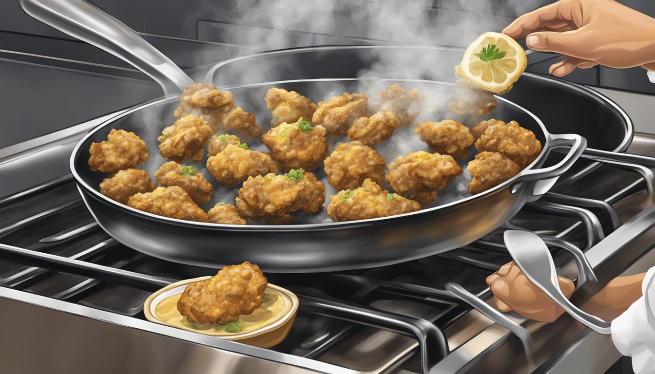 A sizzling skillet holds golden fried oysters, steam rising as they are reheated for a po boy sandwich. A chef's hand reaches for a spatula