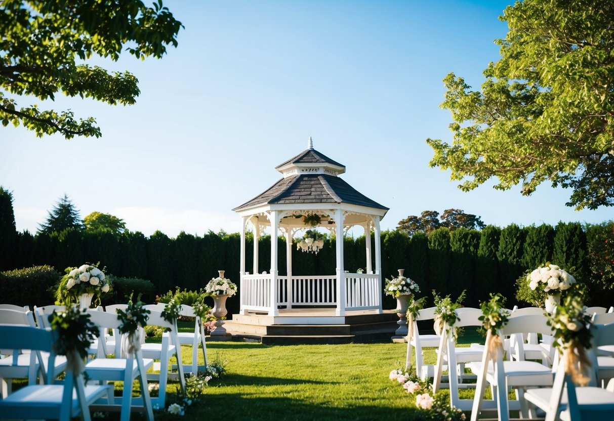 A bright, sunny outdoor wedding ceremony with a clear blue sky and lush greenery surrounding a beautiful gazebo adorned with flowers and decorations