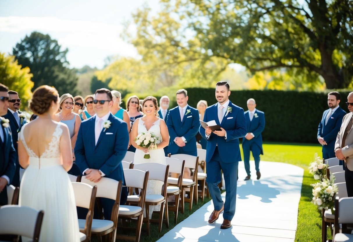 A sunny outdoor wedding ceremony at 12pm with guests arriving and taking their seats, as the bride and groom prepare to exchange vows