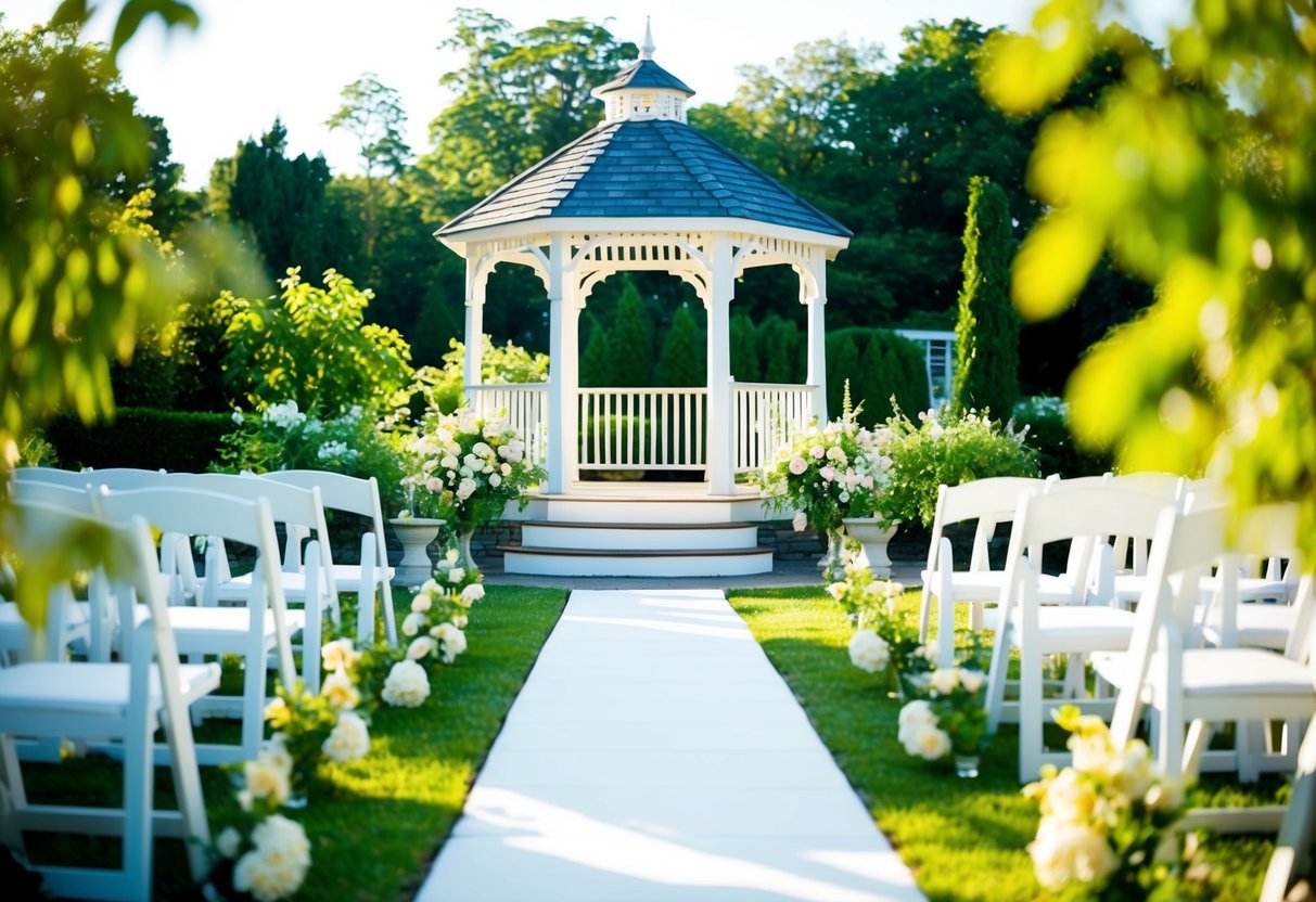 A bright, sunlit garden with a charming gazebo set for a wedding ceremony at midday. Flowers and greenery surround the area, creating a serene and romantic setting