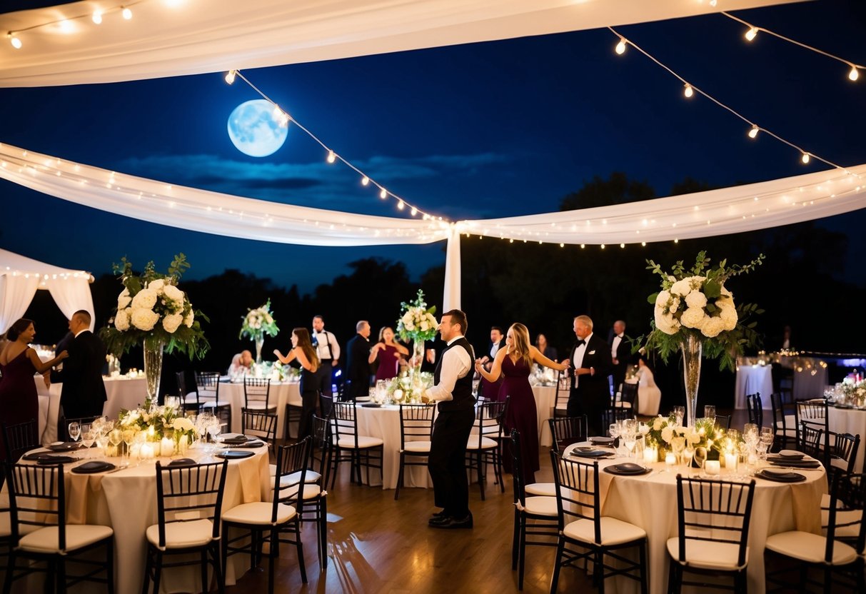 A wedding reception at night, with twinkling lights and a full moon in the sky. Tables are set with elegant centerpieces and guests are dancing on the dance floor