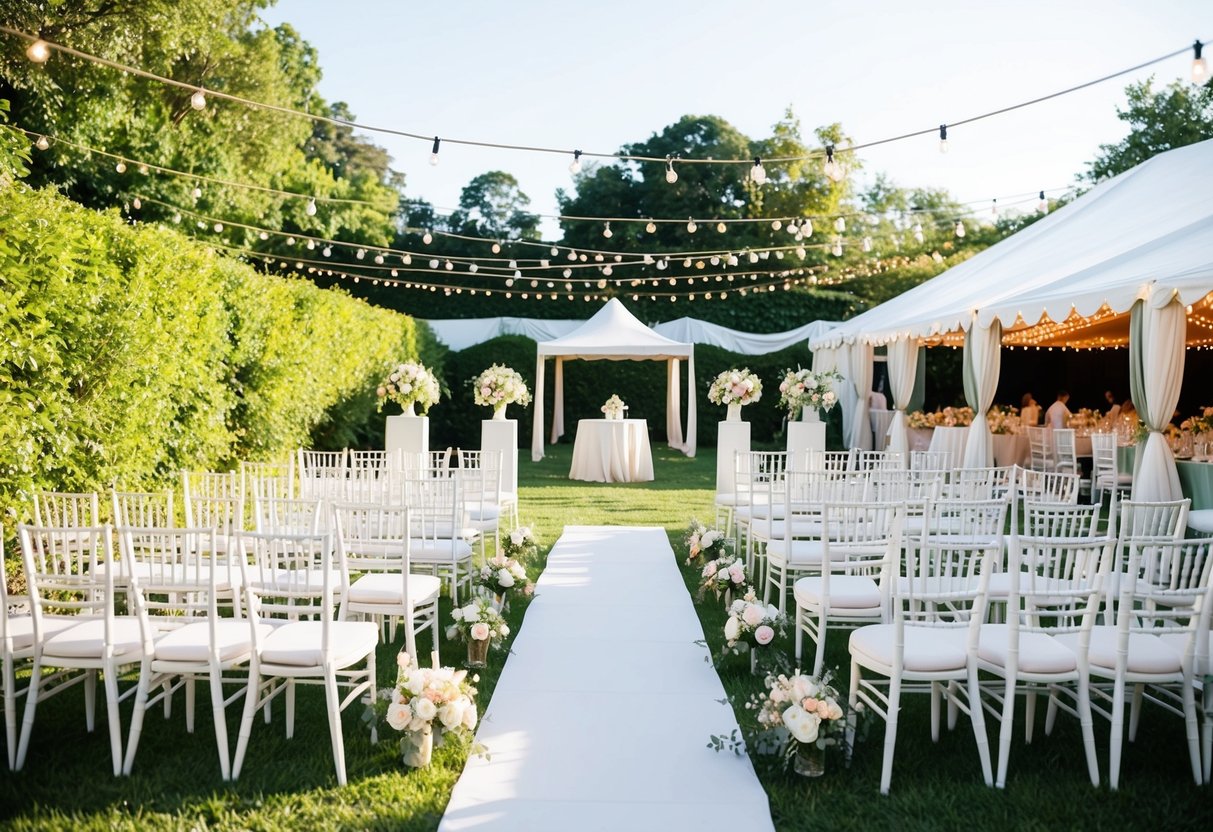 A bright, sunny outdoor wedding ceremony with a lush garden backdrop and elegant white chairs arranged in neat rows. A romantic reception area with a large tent, tables adorned with flowers, and twinkling string lights