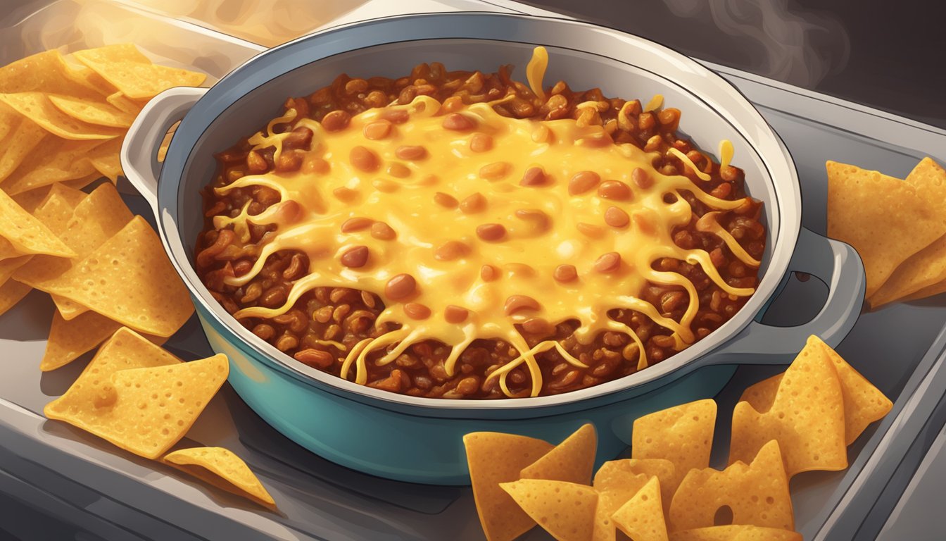 A steaming dish of Frito pie being reheated in the oven, with melted cheese and chili bubbling around the edges