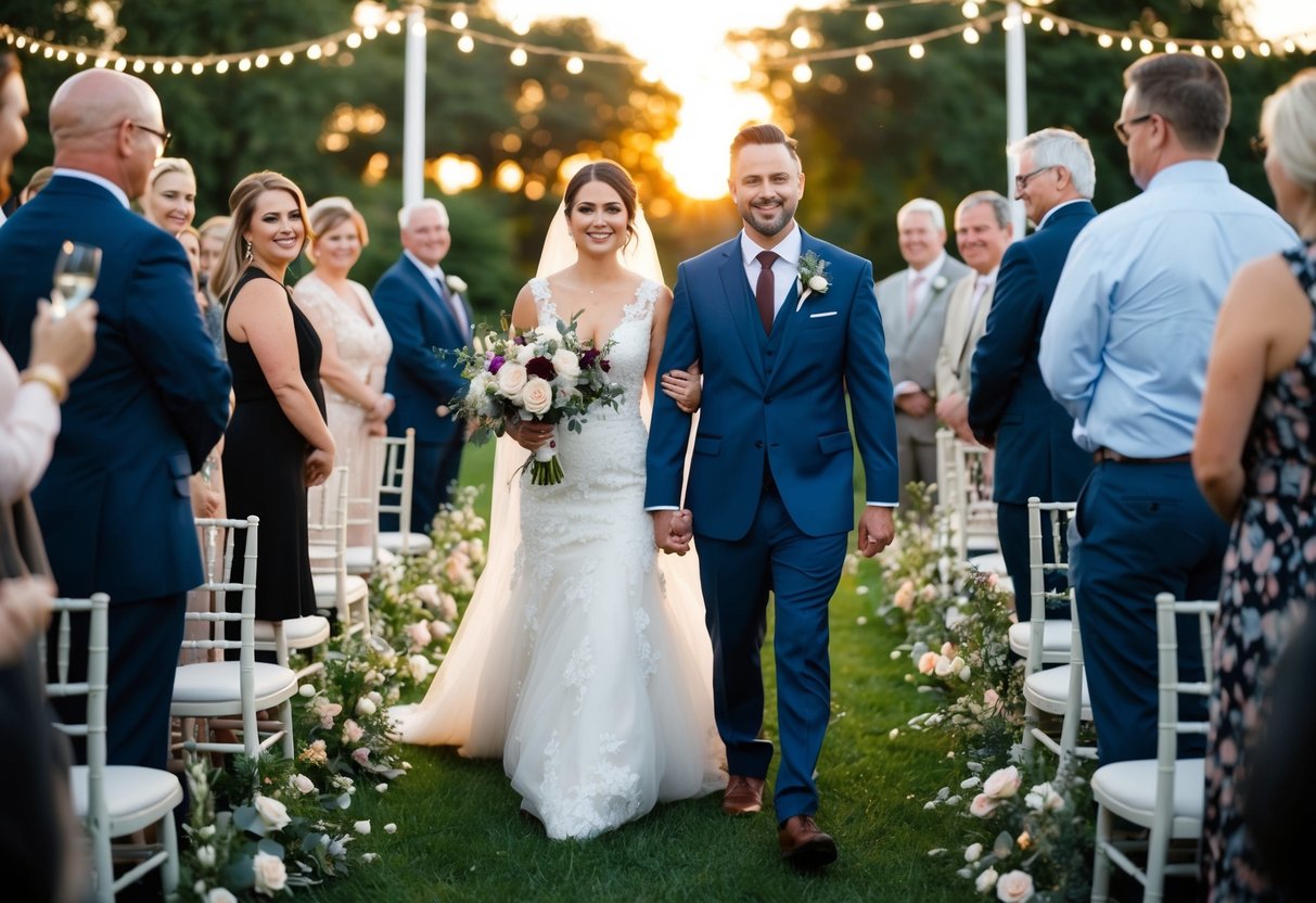 A bride and groom walk down a flower-lined aisle at sunset, surrounded by smiling guests and twinkling lights