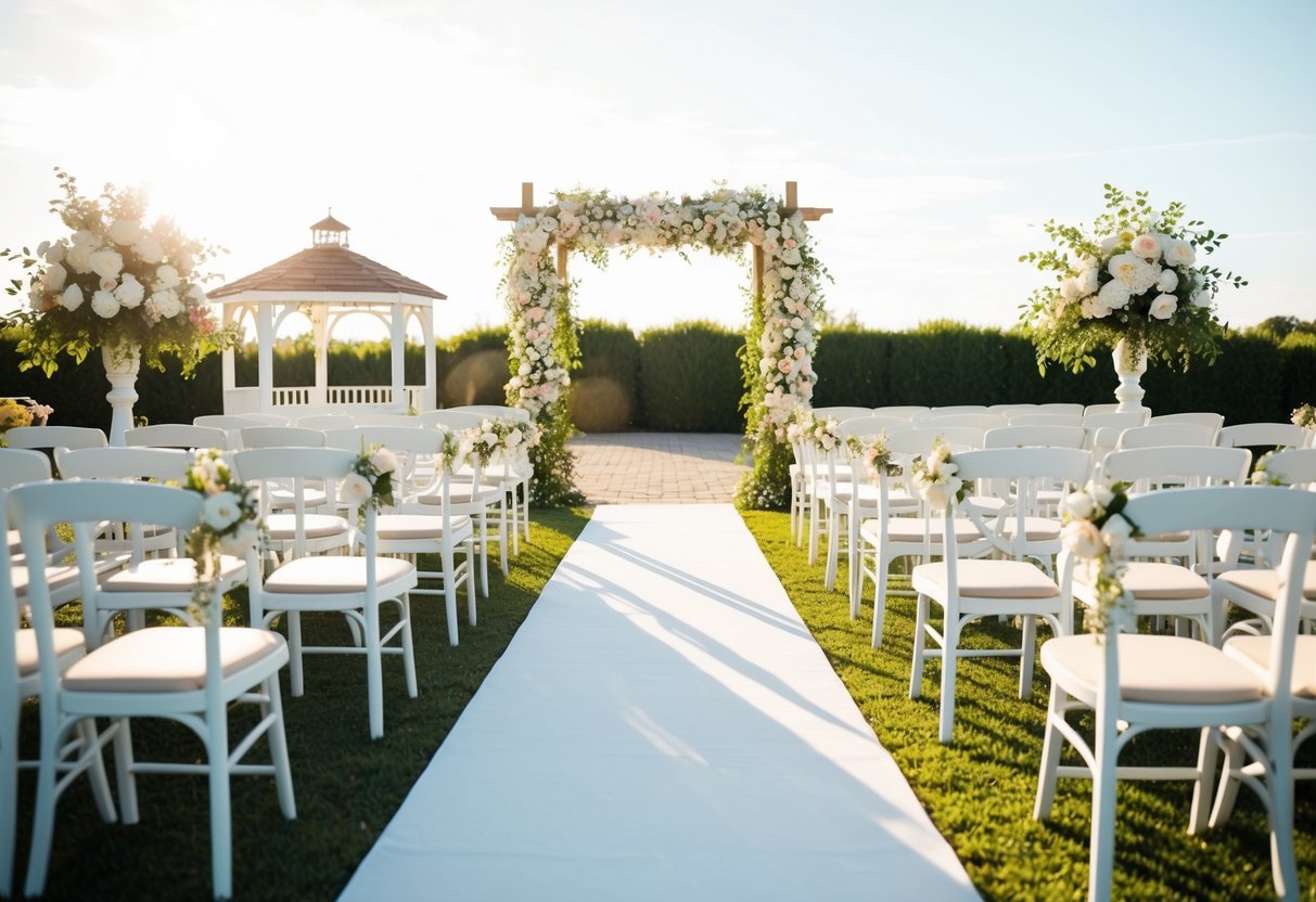 A sunlit outdoor wedding venue with a flower-adorned arch, rows of white chairs, and a small gazebo for the ceremony