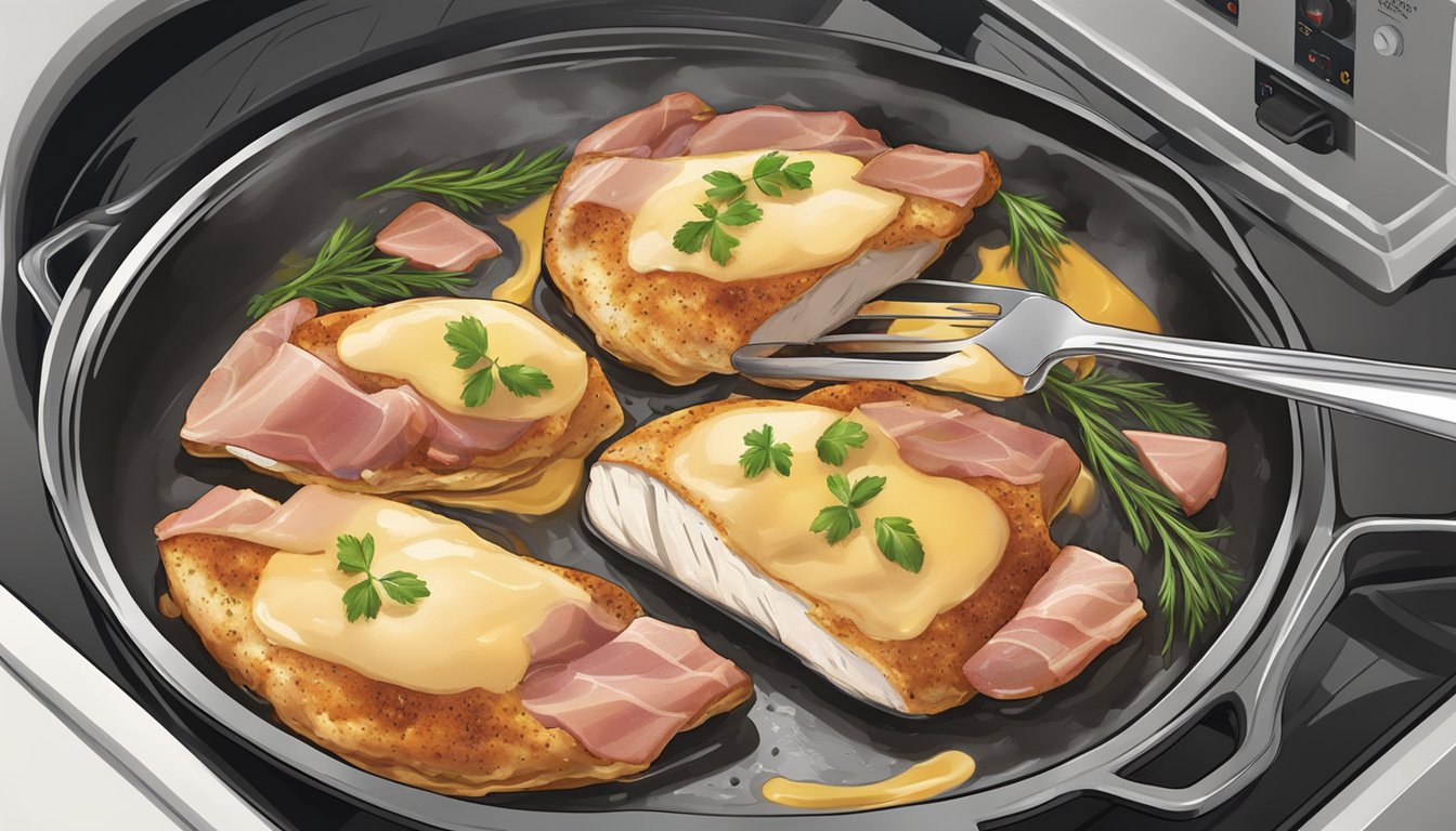 A sizzling skillet with fontina and prosciutto stuffed chicken being gently reheated in the oven, emitting a mouthwatering aroma