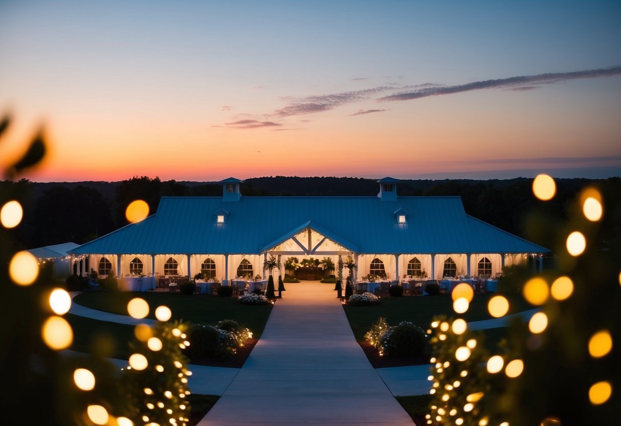 A serene sunset over a picturesque wedding venue, with twinkling lights and a romantic atmosphere